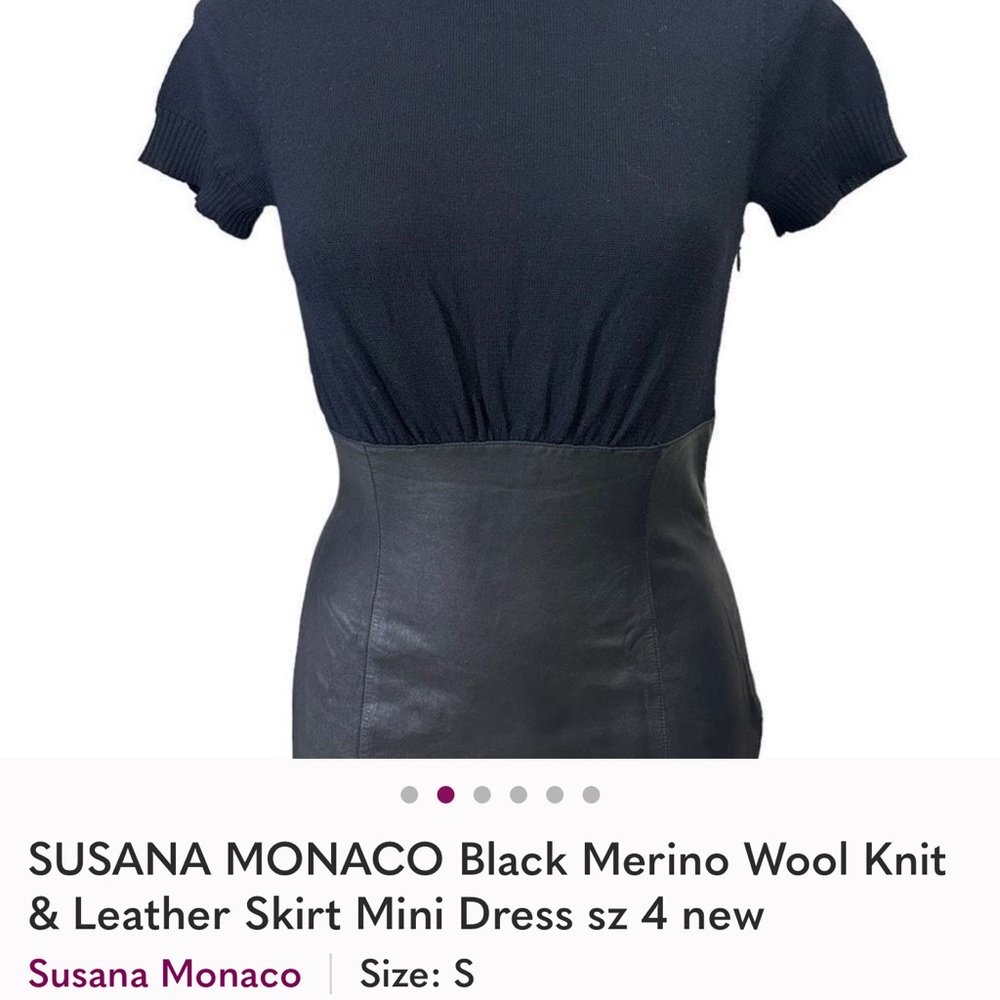 SUSANA MONACO Black Merino Wool Knit & Leather Skirt Mini Dress sz S - Picture 3 of 6